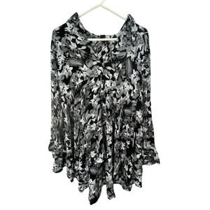 Roaman's Women's Plus Size 12W Black Floral V-Neck Blouse Long Sleeve